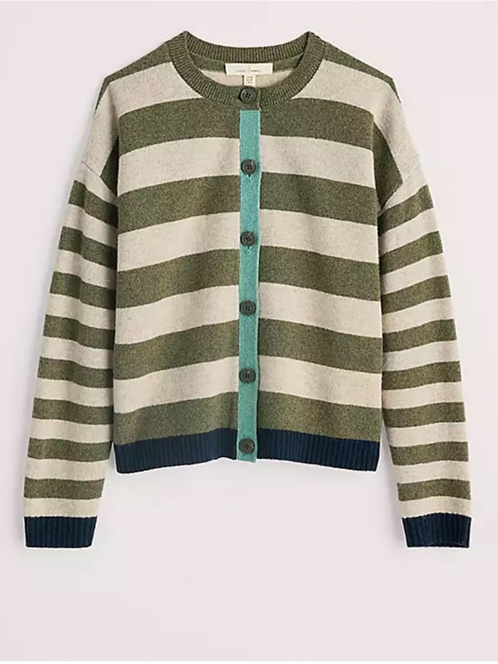 Seasalt Cornwell Striped Olive & Cream Button-Front Sweater Cardigan - Picture 2 of 10